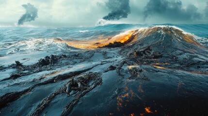 An ocean polluted by an oil spill, with marine life struggling to survive in the affected area, showing the devastating impact of oil pollution