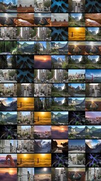 Video grid quilt with famous scenic American nature landmarks. Vertical design in 9:16 ratio. Smartphone and social media