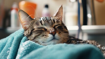 A serene moment of a cat being carefully bathed in a professional pet grooming salon, with a focus on the grooming tools and the relaxed demeanor of the cat.