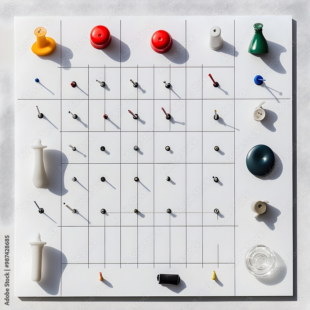 Poster neatly organized pushpin board with assorted colors and grid like pattern scandinavian inspired