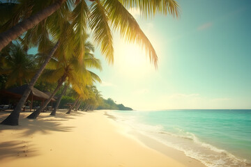Obraz premium Tropical sandy ocean beach with palm trees vintage toned with film