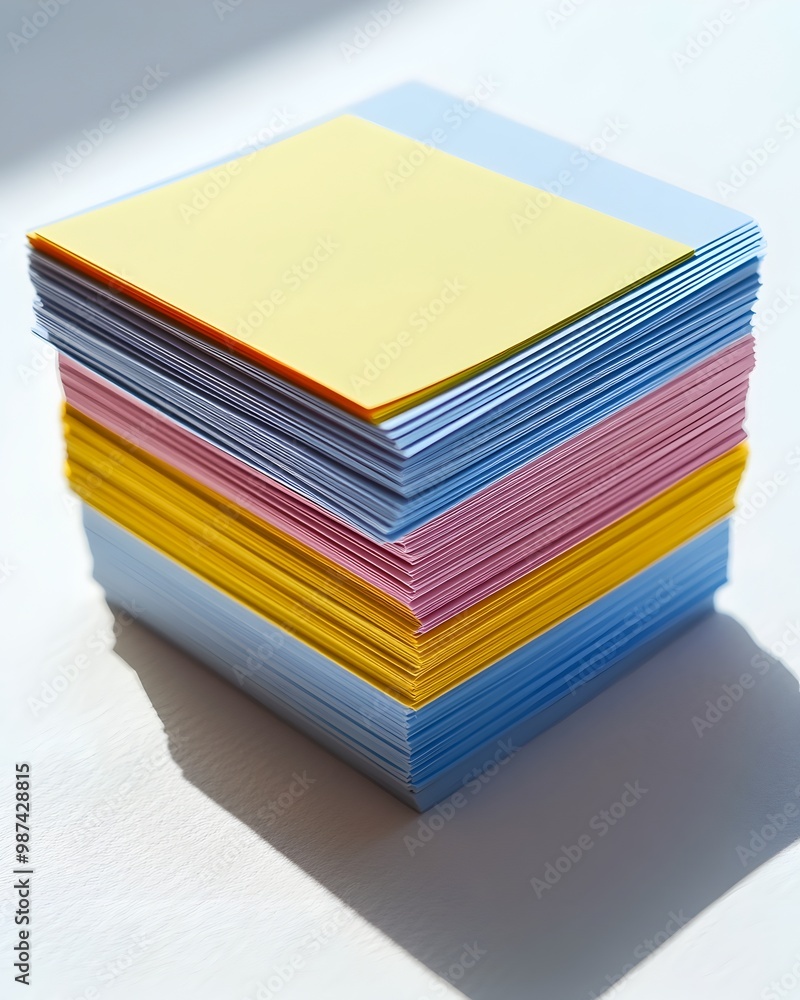 Poster neatly stacked colorful index cards forming minimalist abstract composition