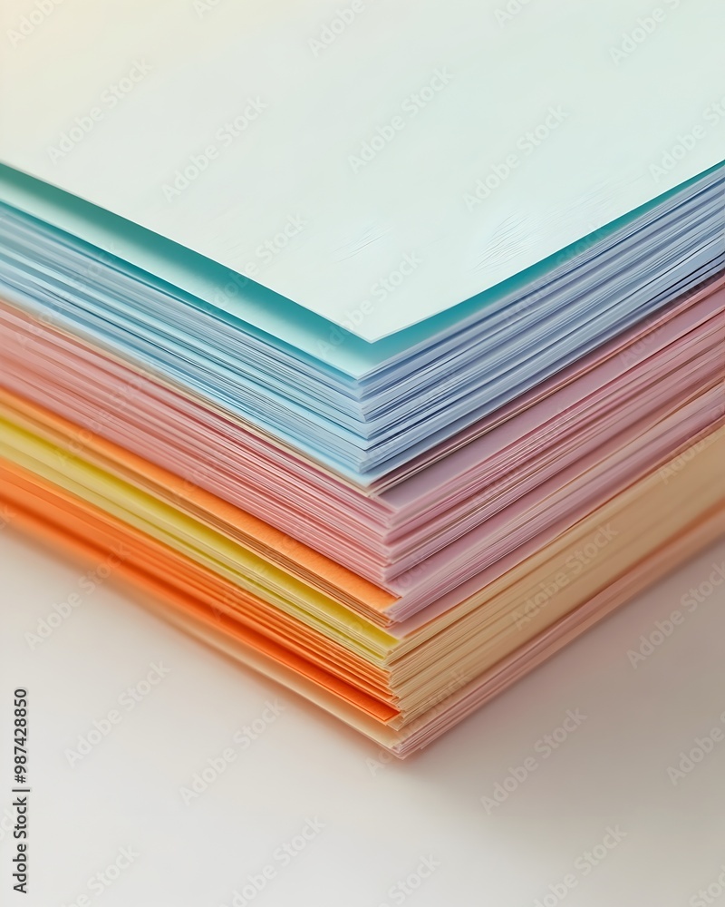 Poster neatly stacked colorful index cards forming minimalist composition on clean white background