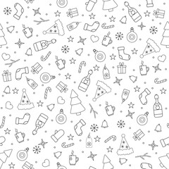 Seamless pattern with christmas objects isolated on a white background. Black stroke, outline hand drawn style. Background for paper, cover, textile, dishes, interior decor.