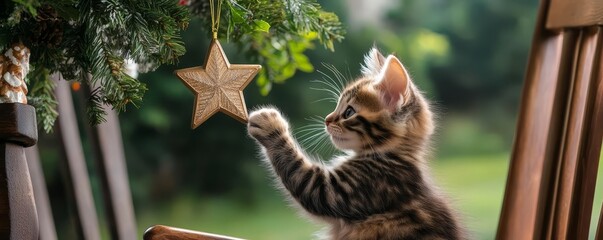 A kitten batting at a vintage star-shaped Christmas ornament hanging from an old tree, close up, holiday charm, vibrant, blend mode, next to a wooden rocking chair