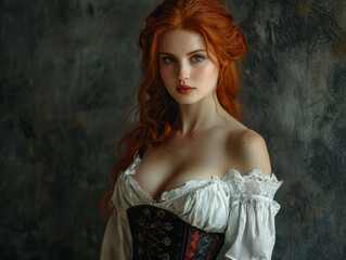 A woman with red hair and a white dress is standing in front of a wall