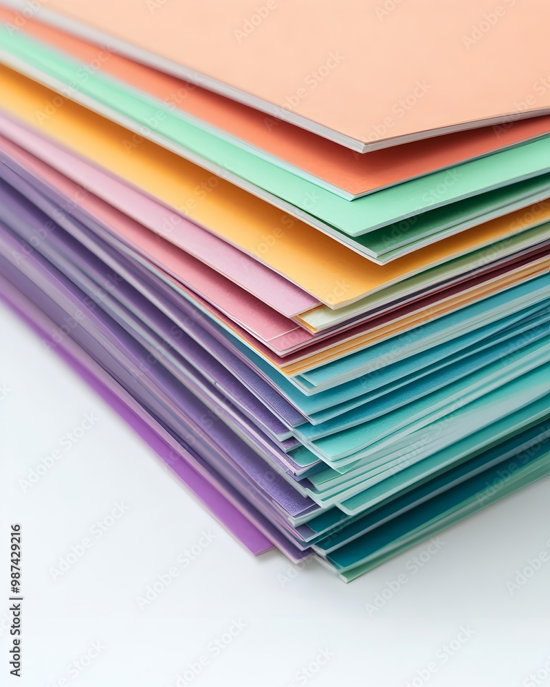 Aufkleber neatly stacked pile of colorful index cards on clean white background in modernist style