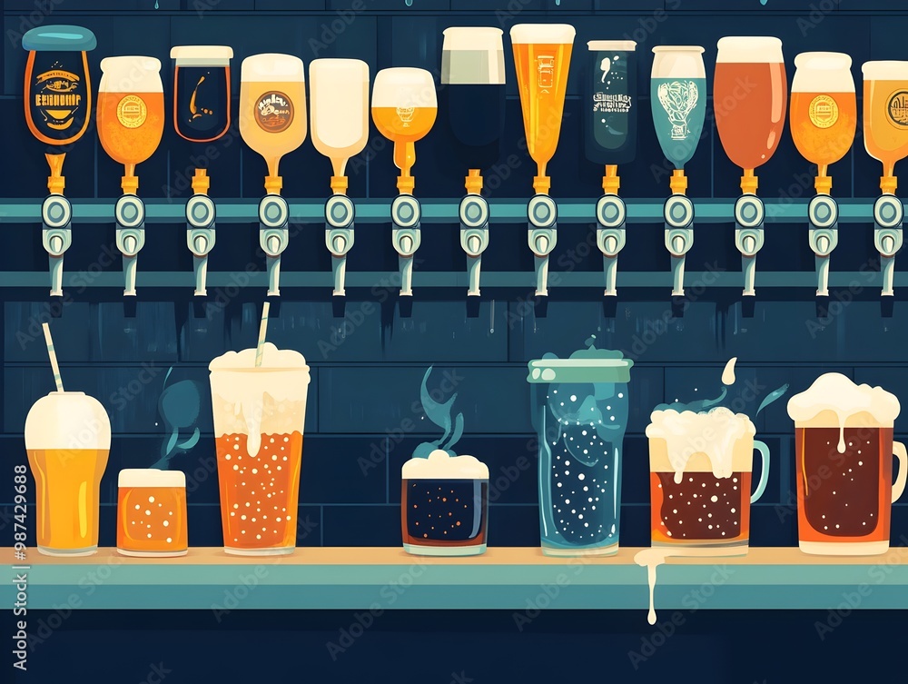 Poster of a variety of beer taps and different alcoholic drinks pouring in a brewery bar or pub setting fla