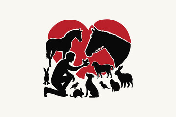 silhouettes of the animals and the person are in black with red heart vector illustration 