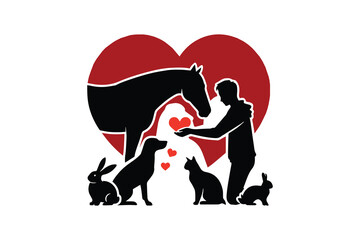 silhouettes of the animals and the person are in black with red heart vector illustration 