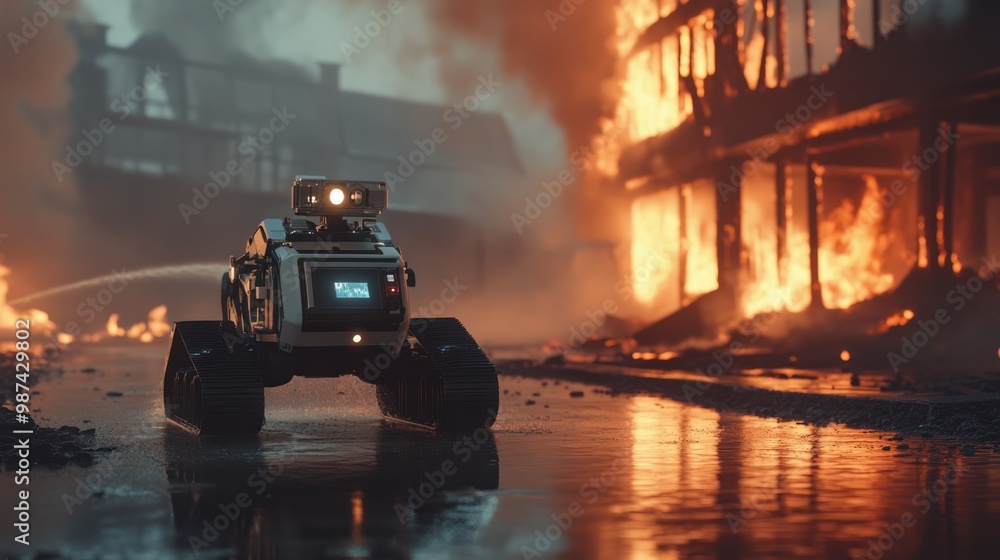 Aufkleber autonomous firefighting robots using ai technology to navigate burning buildings, delivering water a