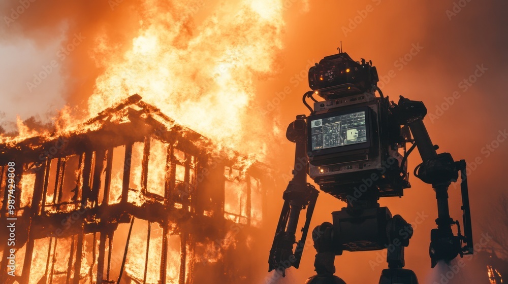 Poster autonomous firefighting robots using ai technology to navigate burning buildings, delivering water a