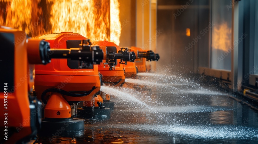 Poster autonomous firefighting robots using ai technology to navigate burning buildings, delivering water a