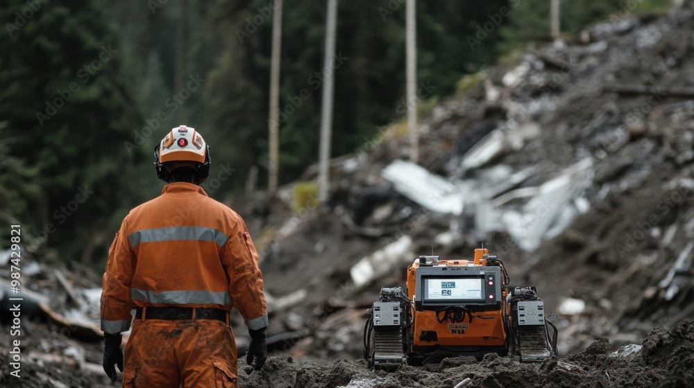 Poster autonomous rescue robots coordinating with emergency teams in landslide recovery efforts, clearing d