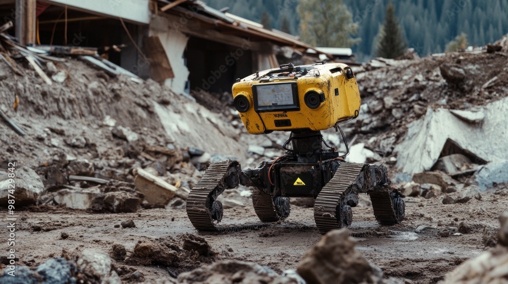Poster autonomous rescue robots coordinating with emergency teams in landslide recovery efforts, clearing d