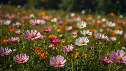 Sunny meadow filled with colorful cosmos flowers.