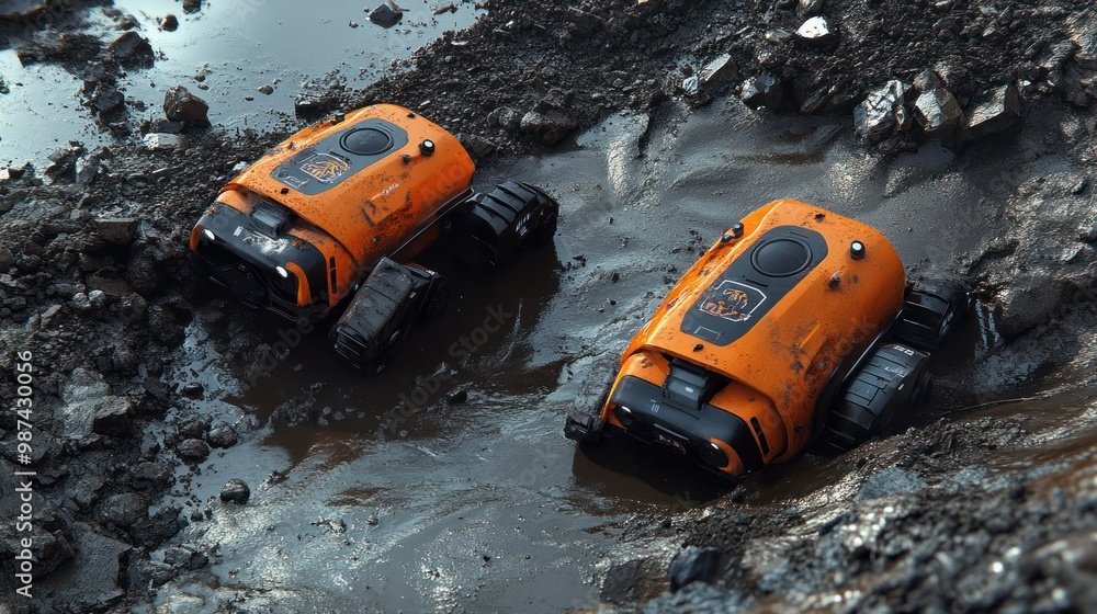 Poster autonomous rescue robots coordinating with emergency teams in landslide recovery efforts, clearing d