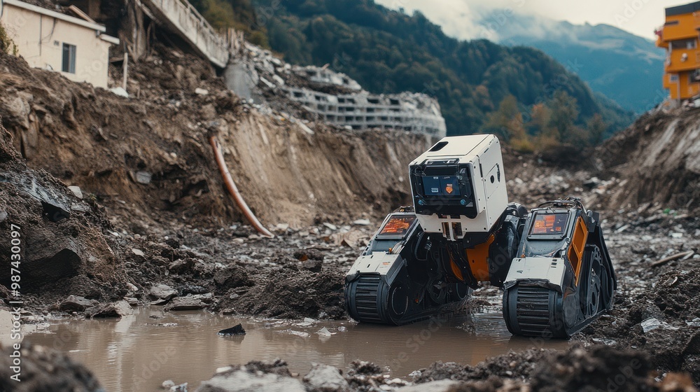 Poster autonomous robots clearing debris after a landslide, using ai technology to assess the terrain and e