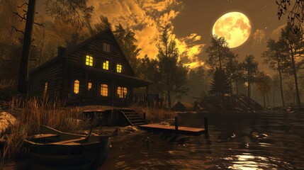 Obraz premium A rustic wooden cabin nestled amidst a tranquil forest, illuminated by a full moon. Horror, halloween