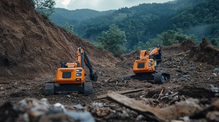Autonomous robots clearing debris after a landslide, using AI technology to assess the terrain and ensure safe rescue operations