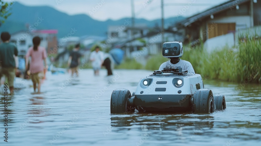 Aufkleber autonomous robots deployed in flood disaster areas, wading through water to reach stranded individua