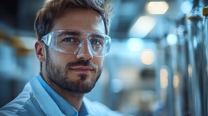 Fototapeta premium focused portrait of engineers wearing safety glasses in a modern R&D center researching advanced energy solutions to address future energy challenges