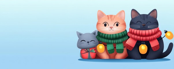 Cats in cozy scarves, retro Christmas lights, flat design illustration