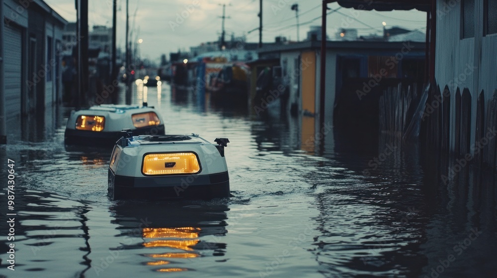 Poster autonomous robots deployed in flood disaster areas, wading through water to reach stranded individua