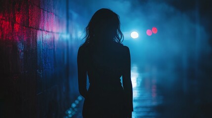 tense atmosphere depicted in the silhouette of a young woman walking alone at night frightened by the threat of assault and feeling vulnerable