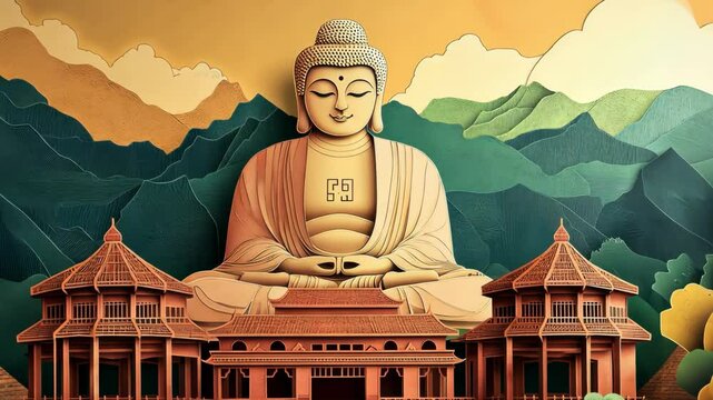 Paper-cutting style Buddha and temple