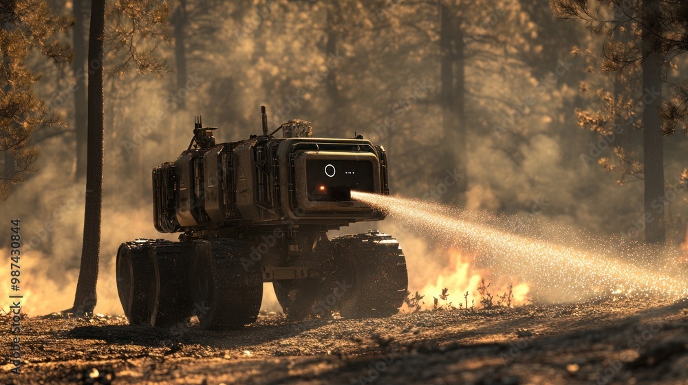 Poster autonomous robots designed to assist in wildfire containment, using ai-guided water jets and fire re