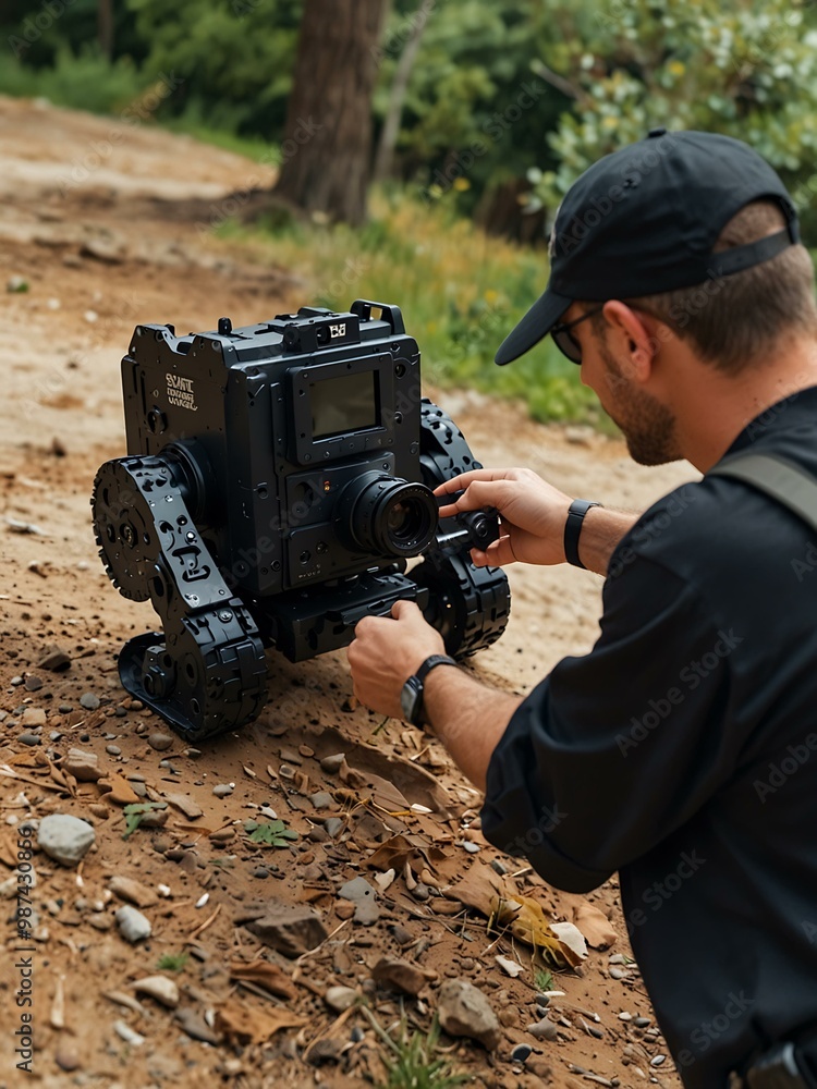 Poster swat member using a robotic camera to survey an area.