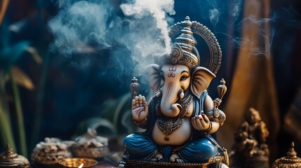 Obraz premium Ornate Ganesha Idol with Rising Incense Smoke Symbolizing Hindu Spiritual Practices