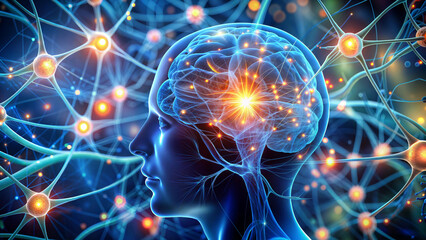 Human head with brain and glowing neurons against the background of neuron cells with glowing link knots