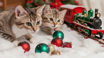 Cats playing in fake snow with Christmas baubles, focus on, retro holiday fun, dynamic, manipulation, set against a vintage toy train set