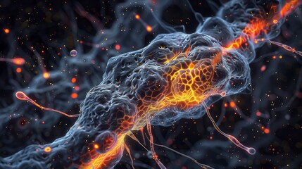 A close-up of brain cells in action, illustrating neural transmission and synaptic activity