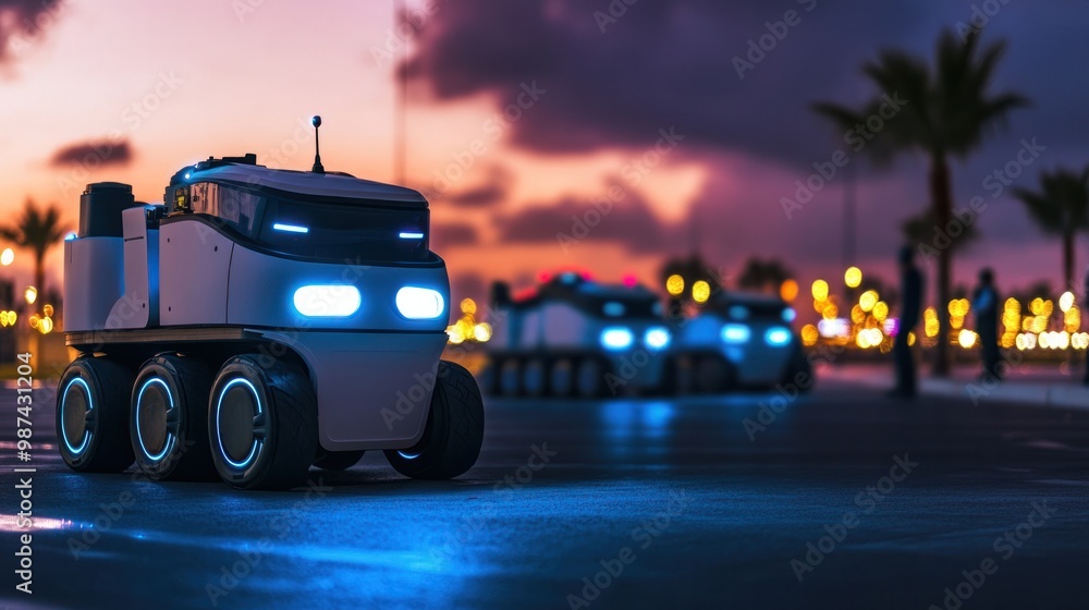 Poster autonomous robots handling disaster response logistics, coordinating with human teams to manage supp
