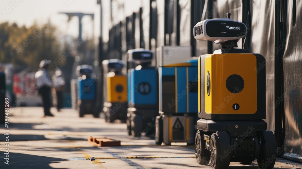 Poster autonomous robots handling disaster response logistics, coordinating with human teams to manage supp