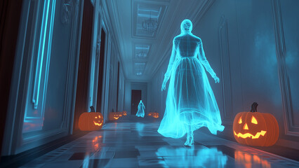 Glowing ghosts walking through a hallway, hallway ghosts, Jack o Lanterns, glowing pumpkins, spooky corridor, night hallway, Halloween night, Halloween vibes, Halloween background