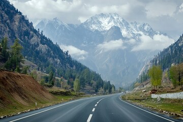 The highway is quiet and looks like a beautiful mountain .generative ai