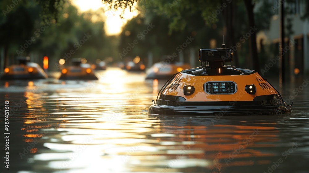 Poster autonomous robots navigating through flooded streets, assisting in the evacuation and rescue of stra