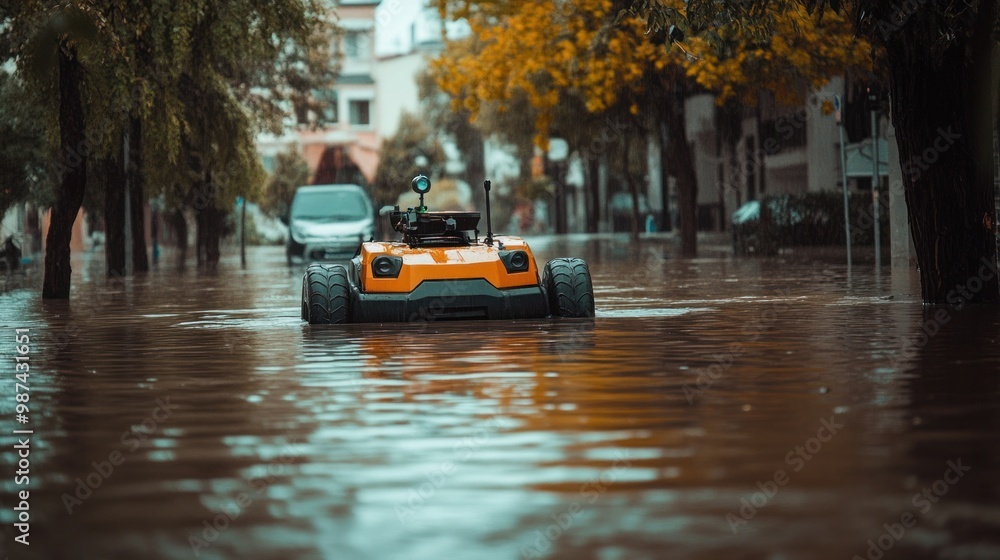 Poster autonomous robots navigating through flooded streets, assisting in the evacuation and rescue of stra