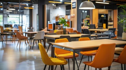 Modern co-working space with furniture and technology for innovation and collaboration.