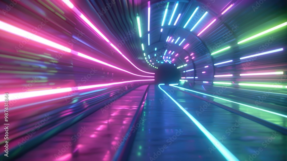 Poster futuristic portal tunnel with neon lines, dynamic technology background.