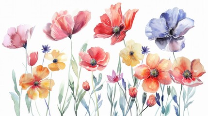 Watercolor illustration of a row of picturesque flowers, capturing the beauty of floral design.