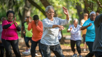 Obraz premium Diverse group practicing Tai Chi in park. Focus on wellness and balance for all ages.