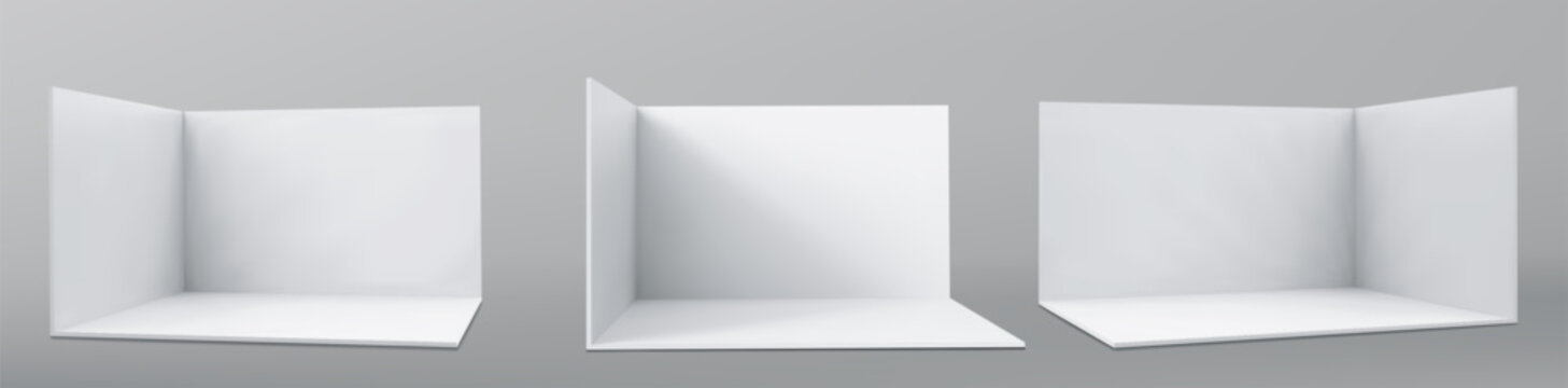 Vector 3D exhibition booth. Showroom. Square corner. Empty geometric square. Blank box template. White blank exhibition stand. Presentation event room.