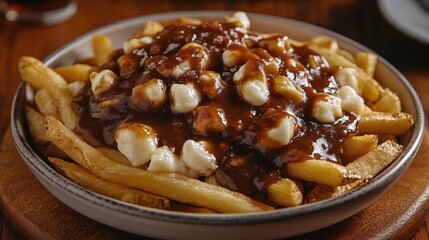 mouthwatering Canadian poutine dish showcasing French fries, melty cheese curds, and rich brown gravy offering a delicious culinary experience