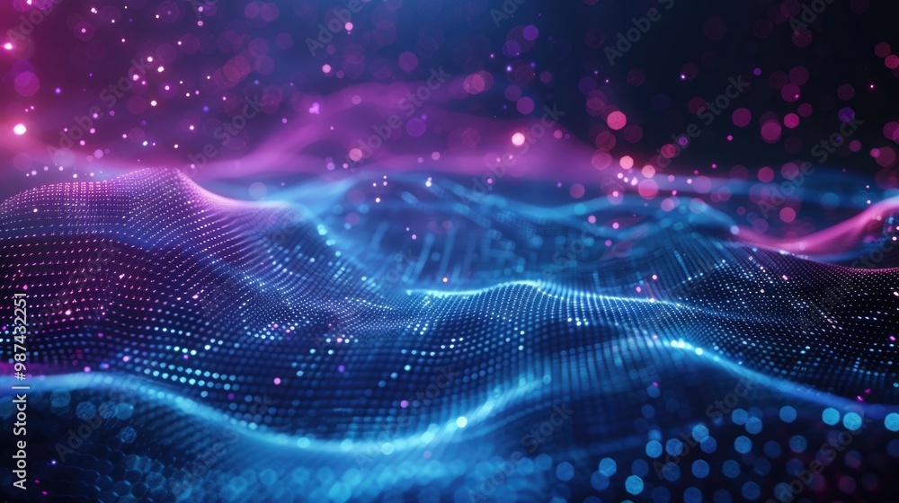 Poster abstract futuristic background with moving neon grid and glowing particles.