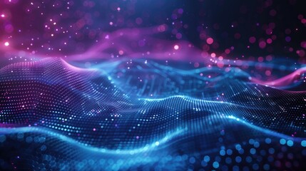 Abstract futuristic background with moving neon grid and glowing particles.